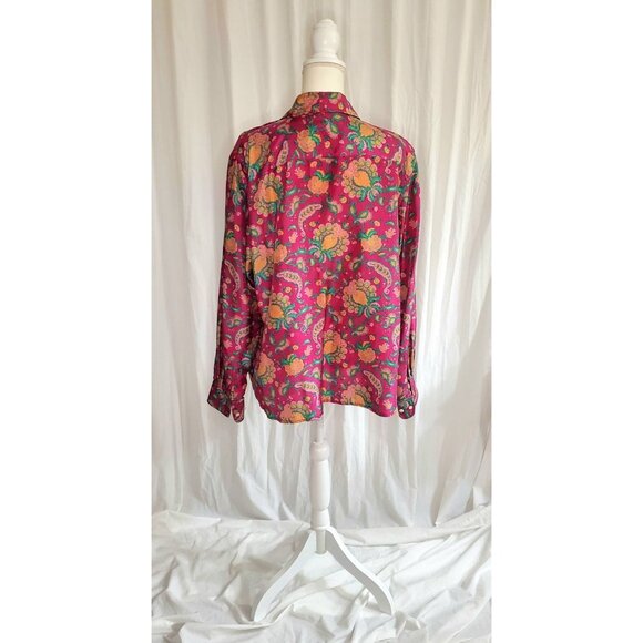 Lauren Ralph Lauren 100% Silk Womens 2XL Pink Green Paisley Button Up Shirt Art - Picture 5 of 13